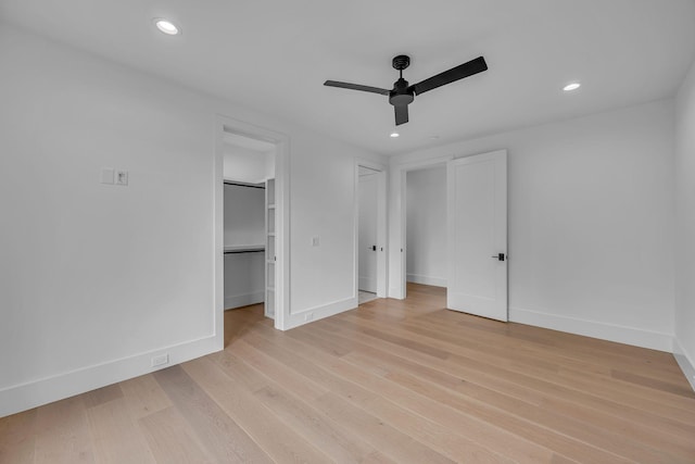 unfurnished bedroom featuring recessed lighting, light wood finished floors, ceiling fan, and baseboards