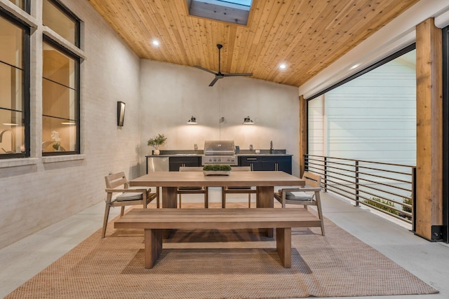dining room featuring wooden ceiling, ceiling fan, and recessed lighting