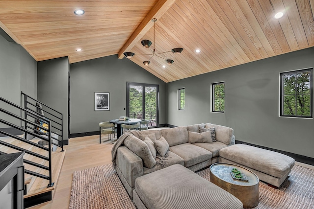 living room with stairs, a wealth of natural light, and wood ceiling