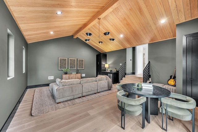 living room featuring vaulted ceiling with beams, stairway, light wood-style flooring, wood ceiling, and visible vents