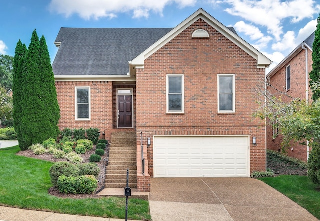 view of front of property featuring a garage, brick siding, driveway, and a shingled roof