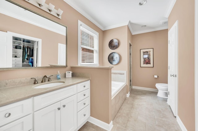 full bath with toilet, vanity, tile patterned floors, a stall shower, and crown molding