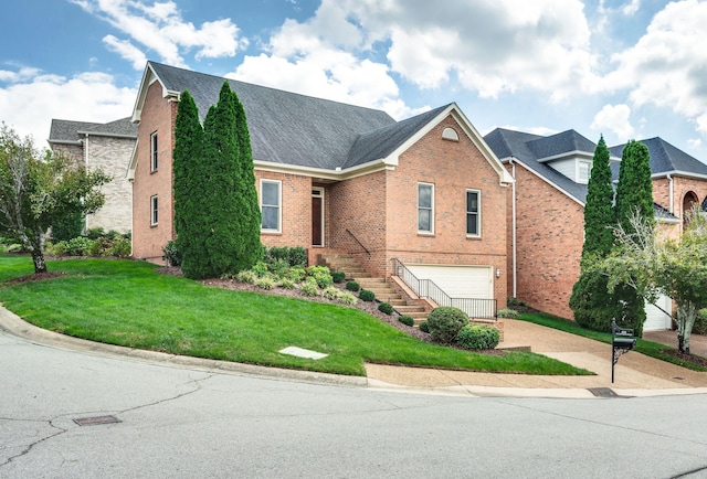 view of front of property featuring an attached garage, brick siding, a shingled roof, driveway, and a front yard