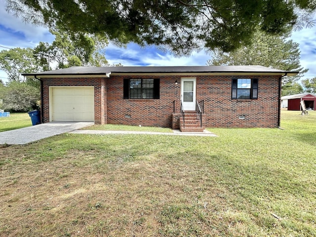 single story home with crawl space, an attached garage, a front yard, and brick siding