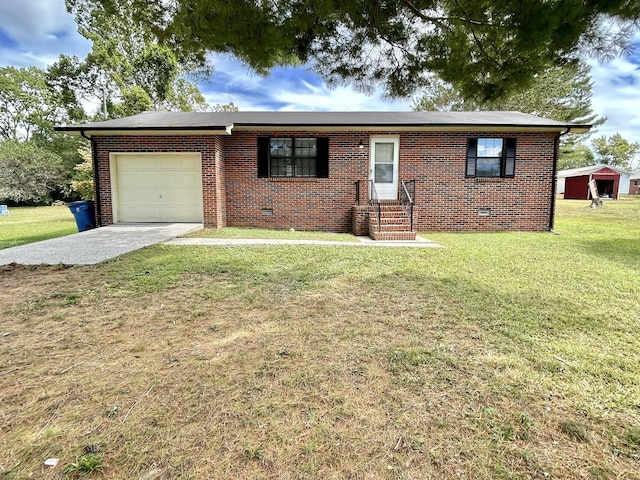 ranch-style home with a front yard, concrete driveway, brick siding, and an attached garage