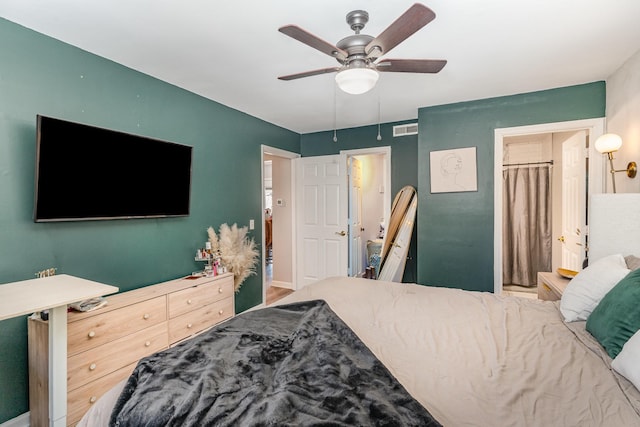 bedroom featuring visible vents and a ceiling fan