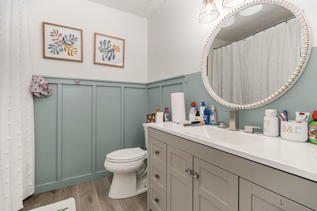 full bath with toilet, a wainscoted wall, wood finished floors, vanity, and a decorative wall