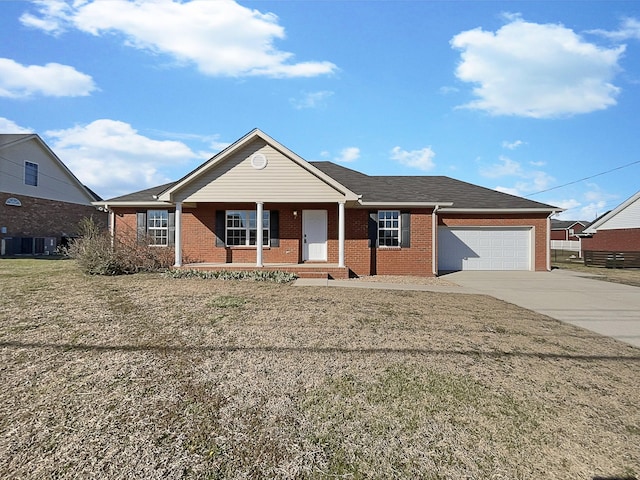 ranch-style house with brick siding, central air condition unit, a porch, concrete driveway, and a garage