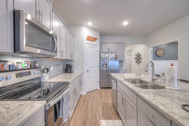 kitchen featuring decorative backsplash, gray cabinets, stainless steel appliances, light wood-type flooring, and a sink