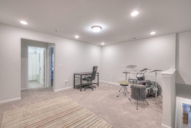 home office with carpet, visible vents, baseboards, and recessed lighting