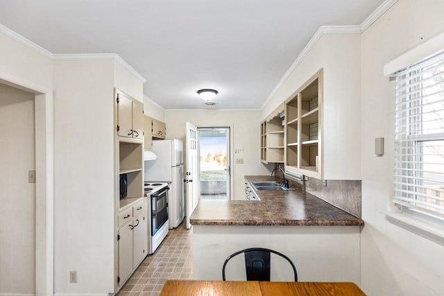 kitchen featuring a peninsula, a sink, electric stove, ornamental molding, and open shelves