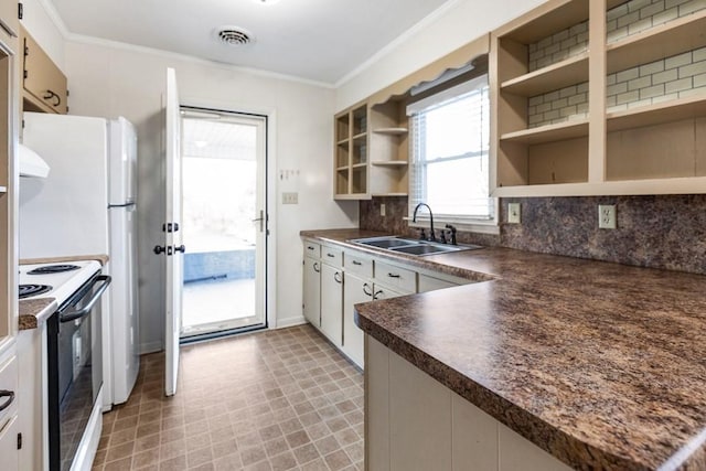 kitchen featuring electric range, a sink, ornamental molding, open shelves, and dark countertops