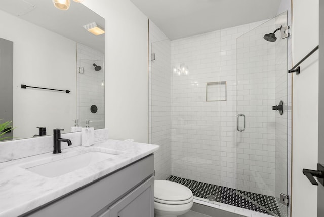 bathroom with a shower stall, toilet, and vanity