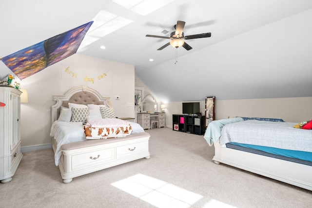 bedroom featuring recessed lighting, light colored carpet, a ceiling fan, baseboards, and vaulted ceiling