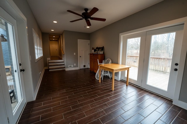 office with wood tiled floor, ceiling fan, baseboards, and recessed lighting