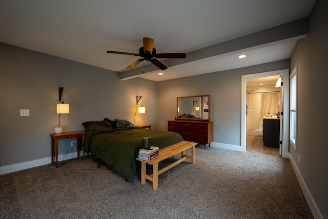 carpeted bedroom featuring a ceiling fan, baseboards, connected bathroom, and recessed lighting