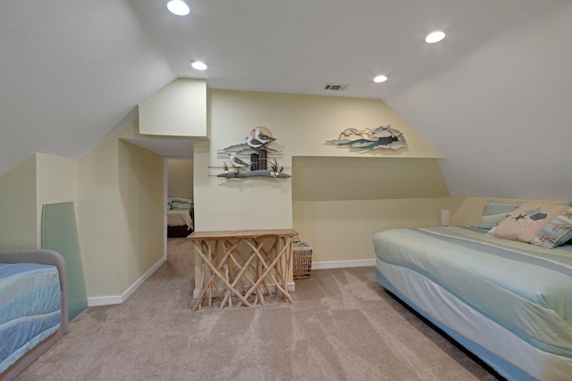 carpeted bedroom with recessed lighting, visible vents, vaulted ceiling, and baseboards