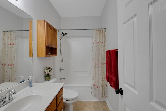 bathroom with toilet, curtained shower, tile patterned flooring, and vanity