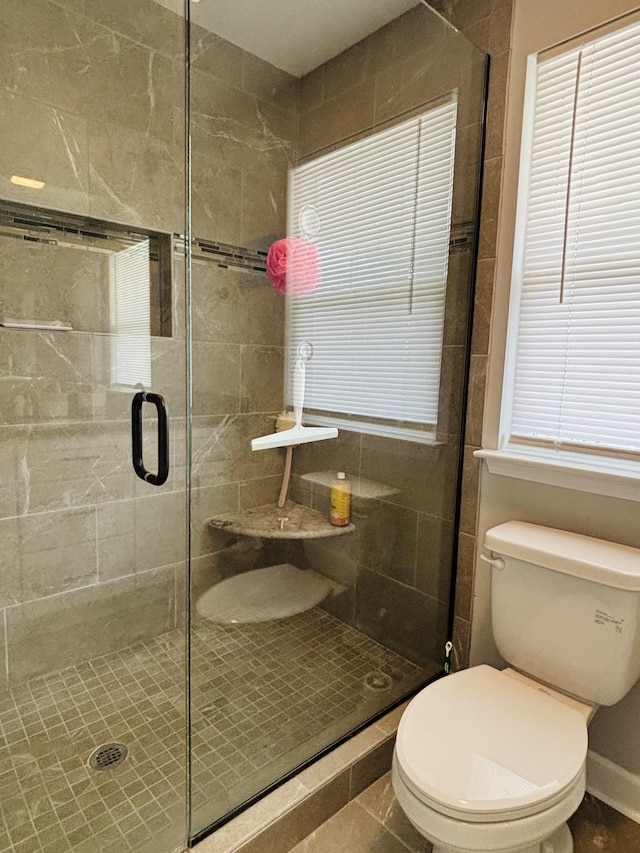 bathroom with a stall shower and toilet