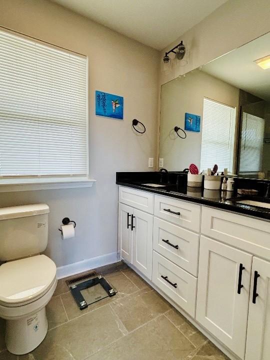 full bathroom featuring toilet, double vanity, and a sink