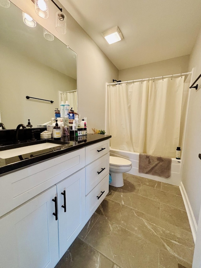 bathroom with toilet, shower / tub combo, and vanity