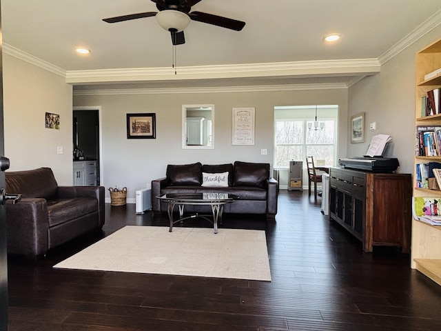 living room featuring crown molding, ceiling fan, dark wood-type flooring, and recessed lighting