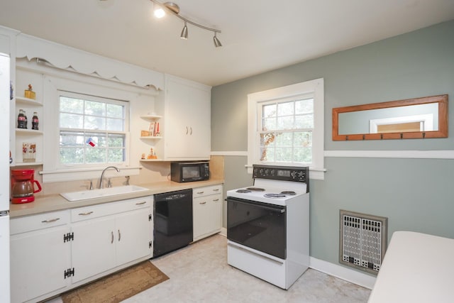 kitchen with open shelves, visible vents, white cabinetry, a sink, and black appliances