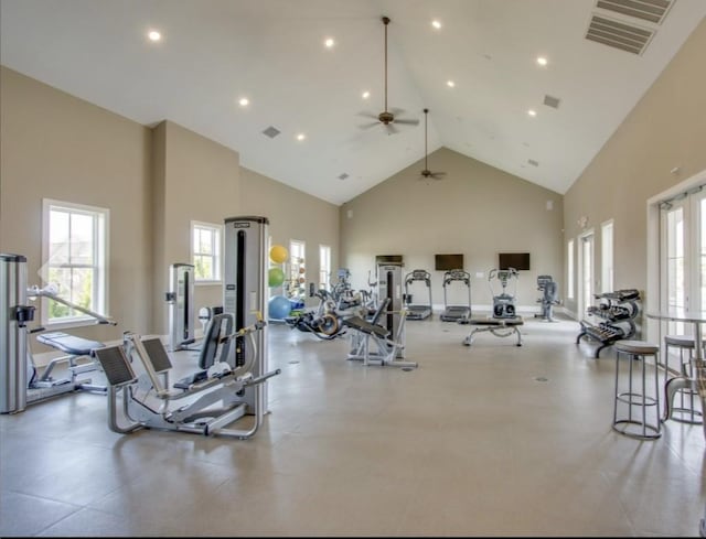 exercise room with recessed lighting, french doors, visible vents, and high vaulted ceiling