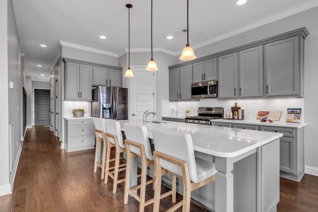 kitchen featuring dark wood finished floors, gray cabinetry, stainless steel appliances, and ornamental molding