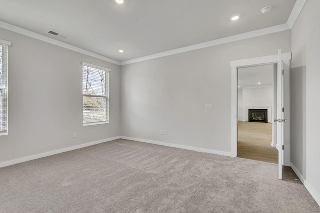 spare room featuring a wealth of natural light, ornamental molding, carpet, and visible vents