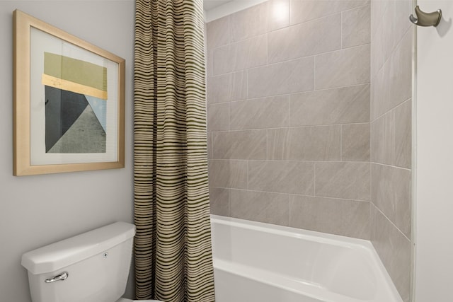 bathroom featuring toilet and shower / bathtub combination with curtain