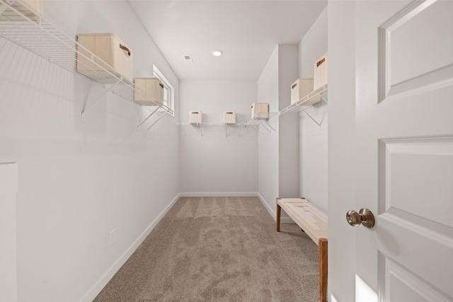 walk in closet with light colored carpet