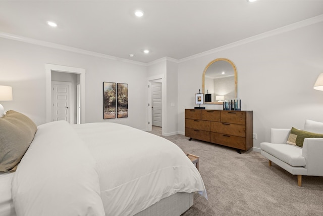 bedroom with ornamental molding, recessed lighting, light colored carpet, and baseboards