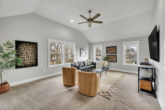 interior space featuring lofted ceiling, recessed lighting, carpet flooring, a ceiling fan, and baseboards