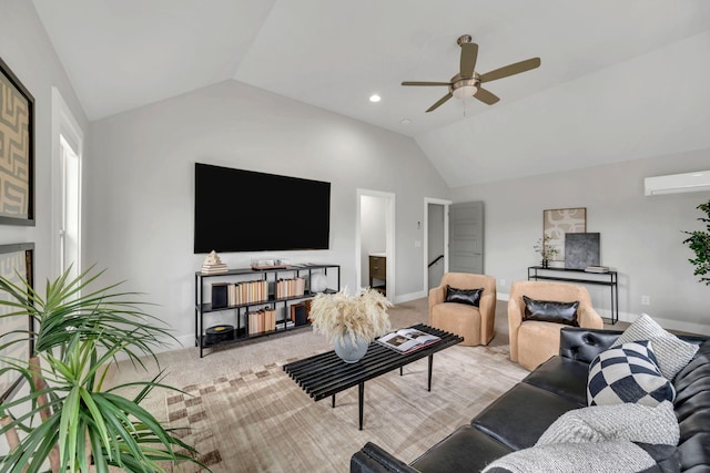 living area with baseboards, carpet, vaulted ceiling, a wall mounted AC, and recessed lighting