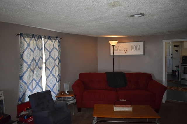 carpeted living area with a textured ceiling