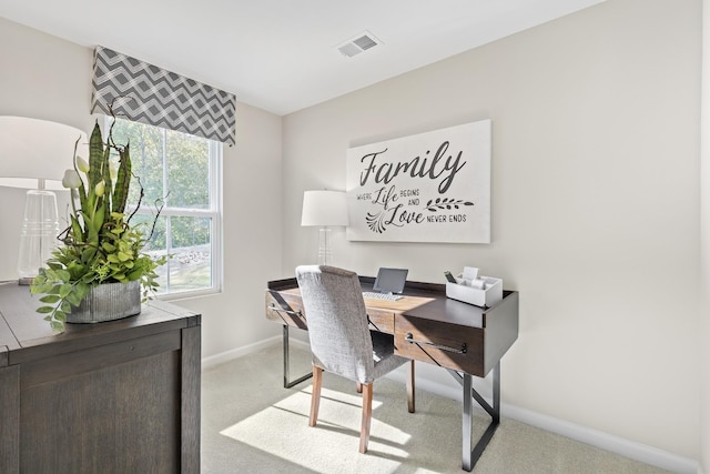 office featuring carpet floors, visible vents, and baseboards