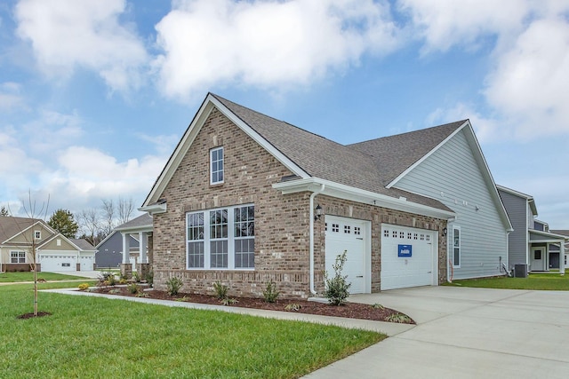 view of front of home with driveway, a garage, a shingled roof, a front lawn, and brick siding