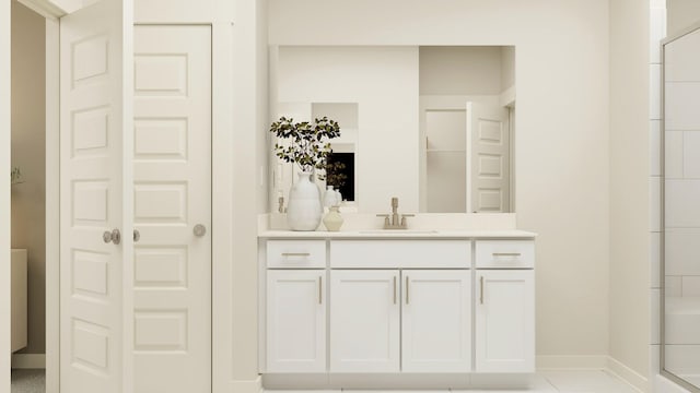 bathroom featuring a shower, vanity, and baseboards