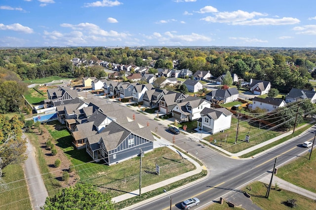 bird's eye view featuring a residential view and a forest view