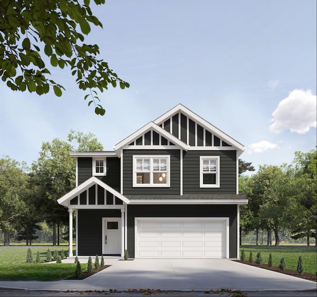 view of front of home with driveway, a garage, and a front lawn