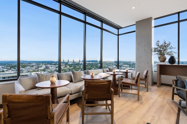 sunroom with a city view