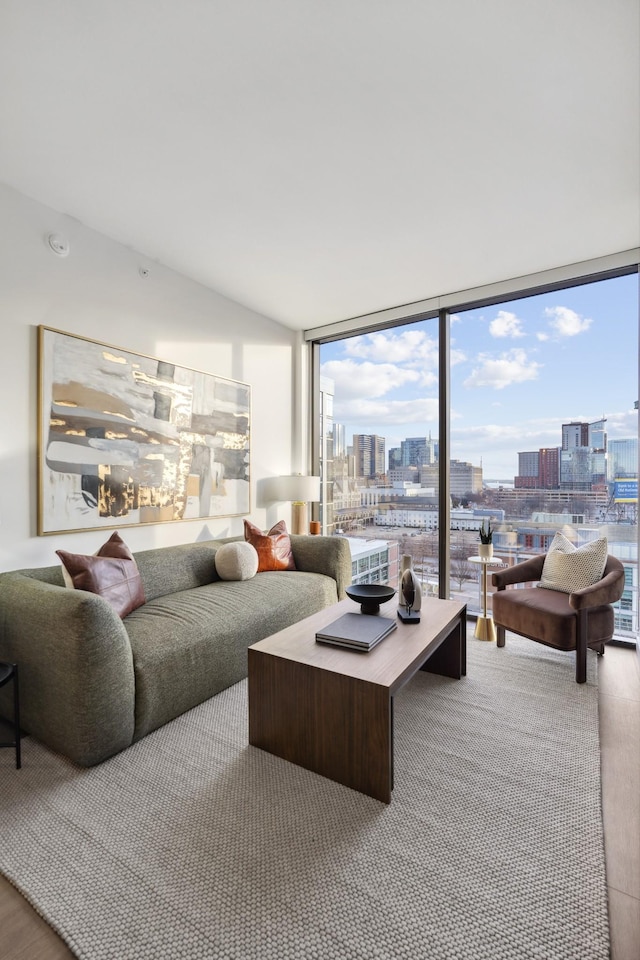 living room featuring a wall of windows, a view of city, lofted ceiling, and wood finished floors