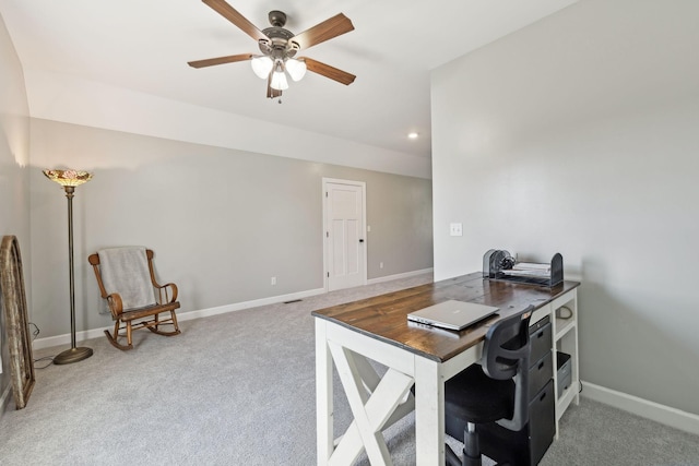 office featuring carpet floors, recessed lighting, baseboards, and a ceiling fan