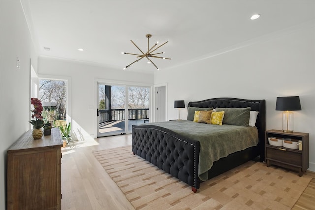 bedroom with crown molding, recessed lighting, light wood-style flooring, an inviting chandelier, and access to outside