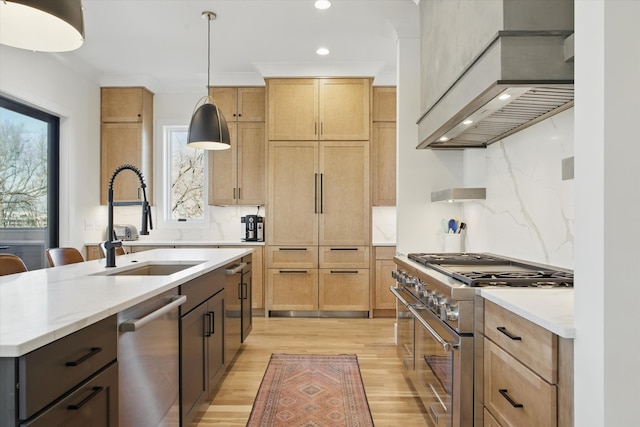 kitchen featuring a sink, light wood-style floors, appliances with stainless steel finishes, wall chimney range hood, and decorative backsplash