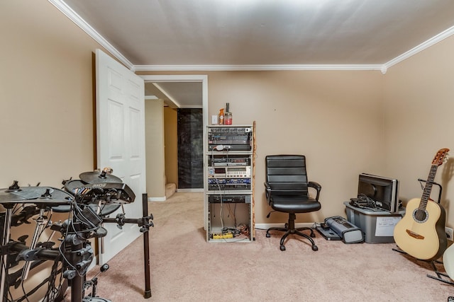 home office featuring ornamental molding, carpet, and baseboards