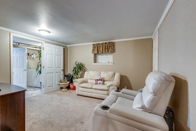 living room with carpet flooring and crown molding