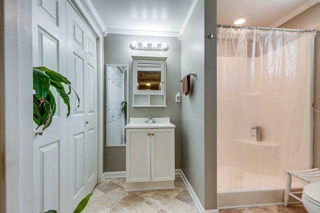 full bath with ornamental molding, baseboards, vanity, and a shower with shower curtain