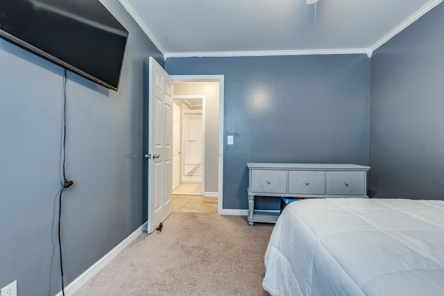 bedroom with ornamental molding, carpet, a ceiling fan, and baseboards